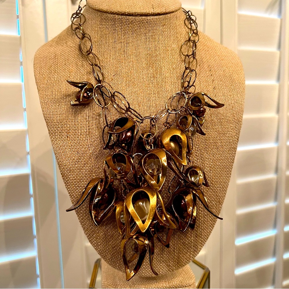 Chicos, 90s VINTAGE Statement Necklace w floral, brass flower “bells”